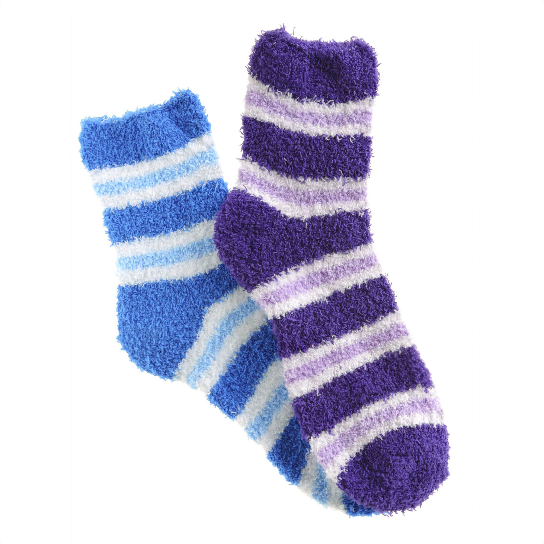 Pair of striped purple and blue socks isolated on white background